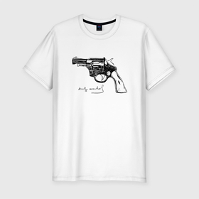 Мужская футболка хлопок Slim с принтом Andy Warhol revolver sketch в Екатеринбурге, 92% хлопок, 8% лайкра | приталенный силуэт, круглый вырез ворота, длина до линии бедра, короткий рукав | andy warhol | art | celebrity | revolver | знаменитость | искусство | револьвер | энди уорхол