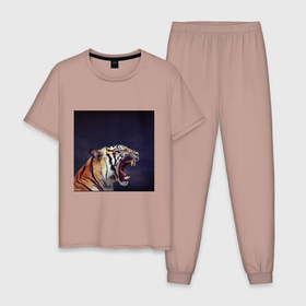 Мужская пижама хлопок с принтом Tiger 2022 рычит в темноте в Новосибирске, 100% хлопок | брюки и футболка прямого кроя, без карманов, на брюках мягкая резинка на поясе и по низу штанин
 | 2022 | агрессия | год тигра | дикое животное | зверь | кошка | тигр