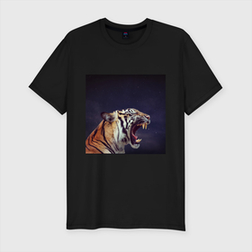 Мужская футболка хлопок Slim с принтом Tiger 2022 рычит в темноте в Белгороде, 92% хлопок, 8% лайкра | приталенный силуэт, круглый вырез ворота, длина до линии бедра, короткий рукав | 2022 | агрессия | год тигра | дикое животное | зверь | кошка | тигр