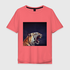 Мужская футболка хлопок Oversize с принтом Tiger 2022 рычит в темноте в Новосибирске, 100% хлопок | свободный крой, круглый ворот, “спинка” длиннее передней части | 2022 | агрессия | год тигра | дикое животное | зверь | кошка | тигр