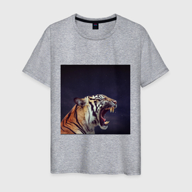 Мужская футболка хлопок с принтом Tiger 2022 рычит в темноте в Белгороде, 100% хлопок | прямой крой, круглый вырез горловины, длина до линии бедер, слегка спущенное плечо. | 2022 | агрессия | год тигра | дикое животное | зверь | кошка | тигр