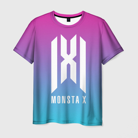 Мужская футболка 3D с принтом MONSTA X LOGO NEON GRADIENT в Курске, 100% полиэфир | прямой крой, круглый вырез горловины, длина до линии бедер | jooheon | kihyun | minhyuk | monsta x | mx | neon | shownu | wonho | градиент | монст х | монста х | мх | неон