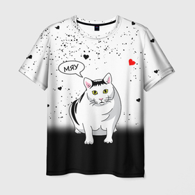 Мужская футболка 3D с принтом CAT | LOVE в Петрозаводске, 100% полиэфир | прямой крой, круглый вырез горловины, длина до линии бедер | Тематика изображения на принте: cat | cats | брызги | как у всех | кот | котик | любовь | подарок | прикол | сердечки | сердце | смешно | угар | хочу | чб | черное белое