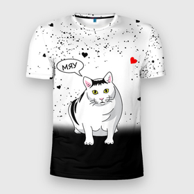 Мужская футболка 3D Slim с принтом CAT | LOVE в Санкт-Петербурге, 100% полиэстер с улучшенными характеристиками | приталенный силуэт, круглая горловина, широкие плечи, сужается к линии бедра | cat | cats | брызги | как у всех | кот | котик | любовь | подарок | прикол | сердечки | сердце | смешно | угар | хочу | чб | черное белое