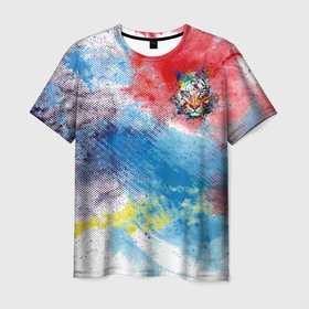 Мужская футболка 3D с принтом Красочный лев на цветном облаке в Кировске, 100% полиэфир | прямой крой, круглый вырез горловины, длина до линии бедер | животные | краски | красочно | лев | радуга