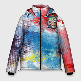 Мужская зимняя куртка 3D с принтом Красочный лев на цветном облаке в Новосибирске, верх — 100% полиэстер; подкладка — 100% полиэстер; утеплитель — 100% полиэстер | длина ниже бедра, свободный силуэт Оверсайз. Есть воротник-стойка, отстегивающийся капюшон и ветрозащитная планка. 

Боковые карманы с листочкой на кнопках и внутренний карман на молнии. | животные | краски | красочно | лев | радуга