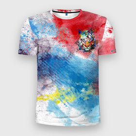Мужская футболка 3D Slim с принтом Красочный лев на цветном облаке в Санкт-Петербурге, 100% полиэстер с улучшенными характеристиками | приталенный силуэт, круглая горловина, широкие плечи, сужается к линии бедра | животные | краски | красочно | лев | радуга