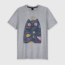 Мужская футболка хлопок Slim с принтом Лунный КотЭ в Екатеринбурге, 92% хлопок, 8% лайкра | приталенный силуэт, круглый вырез ворота, длина до линии бедра, короткий рукав | арт | графика | животные | звездыпланеты | звери | космос | кот | луна