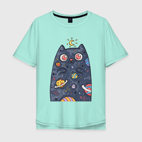 Мужская футболка хлопок Oversize с принтом Лунный КотЭ в Курске, 100% хлопок | свободный крой, круглый ворот, “спинка” длиннее передней части | арт | графика | животные | звездыпланеты | звери | космос | кот | луна