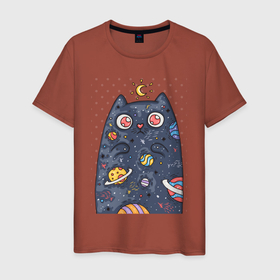 Мужская футболка хлопок с принтом Лунный КотЭ в Новосибирске, 100% хлопок | прямой крой, круглый вырез горловины, длина до линии бедер, слегка спущенное плечо. | арт | графика | животные | звездыпланеты | звери | космос | кот | луна