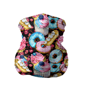Бандана-труба 3D с принтом Узор из сладостей на черном фоне в Санкт-Петербурге, 100% полиэстер, ткань с особыми свойствами — Activecool | плотность 150‒180 г/м2; хорошо тянется, но сохраняет форму | Тематика изображения на принте: donuts | акварель | вкусные | вкусный | десерты | донатс | капкейки | пончики | сладкое | сладости | съедобные | темный | черный