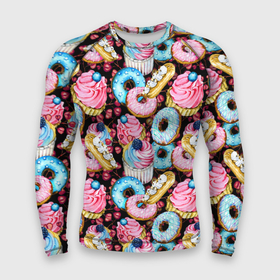 Мужской рашгард 3D с принтом Узор из сладостей на черном фоне ,  |  | Тематика изображения на принте: donuts | акварель | вкусные | вкусный | десерты | донатс | капкейки | пончики | сладкое | сладости | съедобные | темный | черный