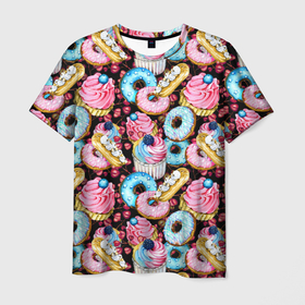 Мужская футболка 3D с принтом Узор из сладостей на черном фоне в Санкт-Петербурге, 100% полиэфир | прямой крой, круглый вырез горловины, длина до линии бедер | Тематика изображения на принте: donuts | акварель | вкусные | вкусный | десерты | донатс | капкейки | пончики | сладкое | сладости | съедобные | темный | черный