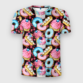 Мужская футболка 3D Slim с принтом Узор из сладостей на черном фоне в Санкт-Петербурге, 100% полиэстер с улучшенными характеристиками | приталенный силуэт, круглая горловина, широкие плечи, сужается к линии бедра | Тематика изображения на принте: donuts | акварель | вкусные | вкусный | десерты | донатс | капкейки | пончики | сладкое | сладости | съедобные | темный | черный