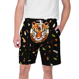 Мужские шорты 3D с принтом кусочки Тигра в Екатеринбурге,  полиэстер 100% | прямой крой, два кармана без застежек по бокам. Мягкая трикотажная резинка на поясе, внутри которой широкие завязки. Длина чуть выше колен | дикие кошки | китайский гороскоп | новый год | символ года | тигр