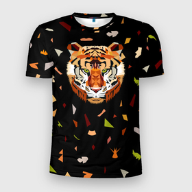 Мужская футболка 3D Slim с принтом кусочки Тигра в Новосибирске, 100% полиэстер с улучшенными характеристиками | приталенный силуэт, круглая горловина, широкие плечи, сужается к линии бедра | Тематика изображения на принте: дикие кошки | китайский гороскоп | новый год | символ года | тигр