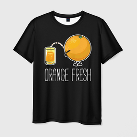 Мужская футболка 3D с принтом Orange fresh   апельсиновый фрэш в Тюмени, 100% полиэфир | прямой крой, круглый вырез горловины, длина до линии бедер | Тематика изображения на принте: freshly squeezed | funny | joke | juice | orange | orange fresh | апельсин | апельсиновый фрэш | писает в стакан | прикол | свежевыжатый | сок | шутка