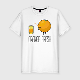 Мужская футболка хлопок Slim с принтом Orange fresh. в Тюмени, 92% хлопок, 8% лайкра | приталенный силуэт, круглый вырез ворота, длина до линии бедра, короткий рукав | freshly squeezed | funny | joke | juice | orange | orange fresh | апельсин | апельсиновый фрэш | писает в стакан | прикол | свежевыжатый | сок | шутка