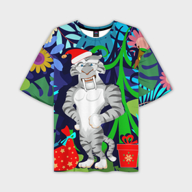 Мужская футболка OVERSIZE 3D с принтом Новогодний тигр в джунглях ,  |  | Тематика изображения на принте: tdrnewyear22 | год тигра | новогодний тигр | новый год | тигр