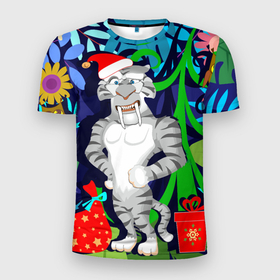 Мужская футболка 3D Slim с принтом Новогодний тигр в джунглях в Белгороде, 100% полиэстер с улучшенными характеристиками | приталенный силуэт, круглая горловина, широкие плечи, сужается к линии бедра | tdrnewyear22 | год тигра | новогодний тигр | новый год | тигр
