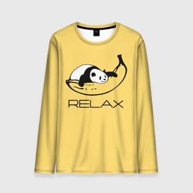 Мужской лонгслив 3D с принтом Relax: панда на банане в Санкт-Петербурге, 100% полиэстер | длинные рукава, круглый вырез горловины, полуприлегающий силуэт | banana | bear | hugged | lies | panda | relax | банан | лежит | медведь | обнял | панда