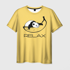 Мужская футболка 3D с принтом Relax: панда на банане , 100% полиэфир | прямой крой, круглый вырез горловины, длина до линии бедер | banana | bear | hugged | lies | panda | relax | банан | лежит | медведь | обнял | панда