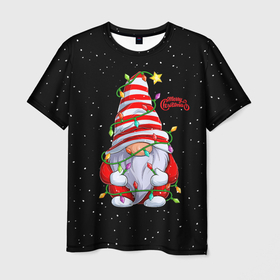 Мужская футболка 3D с принтом Новогодний Гном с гирляндой   Gnome and Christmas lights в Кировске, 100% полиэфир | прямой крой, круглый вырез горловины, длина до линии бедер | christmas | dwarf | gnom | гирлянда | гном | лампочка | новый год | огоньки | рождество
