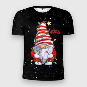 Мужская футболка 3D Slim с принтом Новогодний Гном с гирляндой   Gnome and Christmas lights в Курске, 100% полиэстер с улучшенными характеристиками | приталенный силуэт, круглая горловина, широкие плечи, сужается к линии бедра | christmas | dwarf | gnom | гирлянда | гном | лампочка | новый год | огоньки | рождество