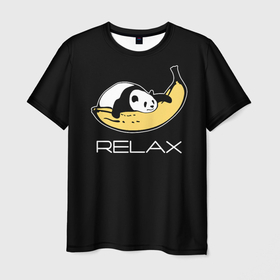 Мужская футболка 3D с принтом Relax: панда на банане. в Новосибирске, 100% полиэфир | прямой крой, круглый вырез горловины, длина до линии бедер | banana | bear | hugged | lies | panda | relax | банан | лежит | медведь | обнял | панда