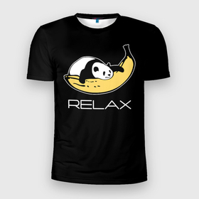 Мужская футболка 3D Slim с принтом Relax: панда на банане. в Курске, 100% полиэстер с улучшенными характеристиками | приталенный силуэт, круглая горловина, широкие плечи, сужается к линии бедра | banana | bear | hugged | lies | panda | relax | банан | лежит | медведь | обнял | панда