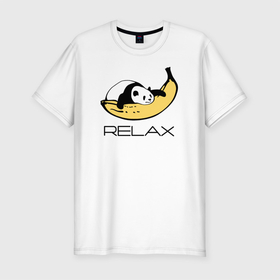 Мужская футболка хлопок Slim с принтом Relax   панда на банане , 92% хлопок, 8% лайкра | приталенный силуэт, круглый вырез ворота, длина до линии бедра, короткий рукав | Тематика изображения на принте: banana | bear | hugged | lies | panda | relax | банан | лежит | медведь | обнял | панда