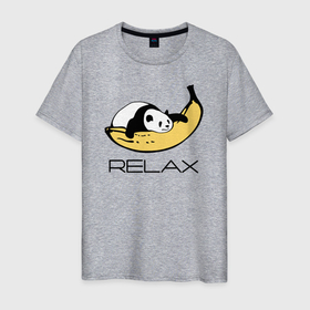 Мужская футболка хлопок с принтом Relax   панда на банане в Новосибирске, 100% хлопок | прямой крой, круглый вырез горловины, длина до линии бедер, слегка спущенное плечо. | Тематика изображения на принте: banana | bear | hugged | lies | panda | relax | банан | лежит | медведь | обнял | панда