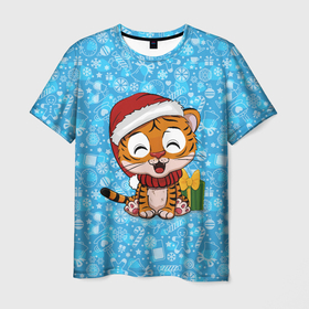 Мужская футболка 3D с принтом Маленький тигренок (2022 Новый год) в Курске, 100% полиэфир | прямой крой, круглый вырез горловины, длина до линии бедер | 2022 | год тигра | новый год | новый год 2022 | символ года | тигр | тигренок | тигрица | тигры