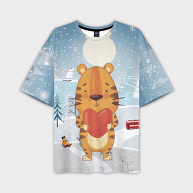 Мужская футболка OVERSIZE 3D с принтом Тигренок с большим сердцем в Петрозаводске,  |  | Тематика изображения на принте: 2022 | год тигра | новый год | новый год 2022 | символ года | тигр | тигренок | тигрица | тигры