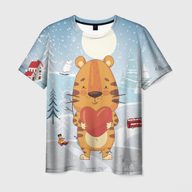 Мужская футболка 3D с принтом Тигренок с большим сердцем в Екатеринбурге, 100% полиэфир | прямой крой, круглый вырез горловины, длина до линии бедер | 2022 | год тигра | новый год | новый год 2022 | символ года | тигр | тигренок | тигрица | тигры