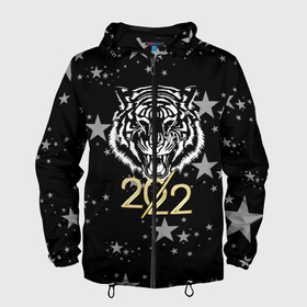 Мужская ветровка 3D с принтом Символ года (тигр 2022 Ура Ура) в Екатеринбурге, 100% полиэстер | подол и капюшон оформлены резинкой с фиксаторами, два кармана без застежек по бокам, один потайной карман на груди | Тематика изображения на принте: 2022 | новый год | подарок | праздник | символ года | тигр