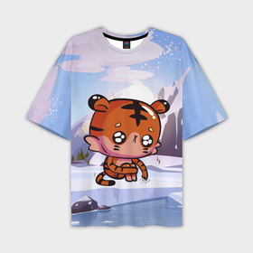 Мужская футболка OVERSIZE 3D с принтом Грустный тигр на зимнем фоне в Петрозаводске,  |  | Тематика изображения на принте: 2022 | год тигра | новый год | новый год 2022 | символ года | тигр | тигренок | тигрица | тигры