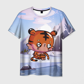 Мужская футболка 3D с принтом Грустный тигр на зимнем фоне в Белгороде, 100% полиэфир | прямой крой, круглый вырез горловины, длина до линии бедер | 2022 | год тигра | новый год | новый год 2022 | символ года | тигр | тигренок | тигрица | тигры