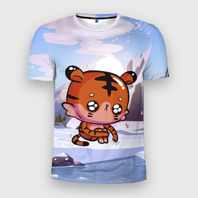 Мужская футболка 3D Slim с принтом Грустный тигр на зимнем фоне в Тюмени, 100% полиэстер с улучшенными характеристиками | приталенный силуэт, круглая горловина, широкие плечи, сужается к линии бедра | 2022 | год тигра | новый год | новый год 2022 | символ года | тигр | тигренок | тигрица | тигры