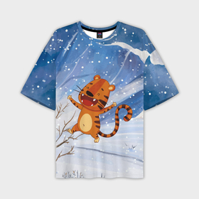 Мужская футболка OVERSIZE 3D с принтом Гуляющий тигр ,  |  | 2022 | год тигра | новый год | новый год 2022 | символ года | тигр | тигренок | тигрица | тигры