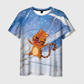 Мужская футболка 3D с принтом Гуляющий тигр , 100% полиэфир | прямой крой, круглый вырез горловины, длина до линии бедер | 2022 | год тигра | новый год | новый год 2022 | символ года | тигр | тигренок | тигрица | тигры