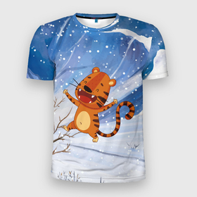 Мужская футболка 3D Slim с принтом Гуляющий тигр , 100% полиэстер с улучшенными характеристиками | приталенный силуэт, круглая горловина, широкие плечи, сужается к линии бедра | 2022 | год тигра | новый год | новый год 2022 | символ года | тигр | тигренок | тигрица | тигры