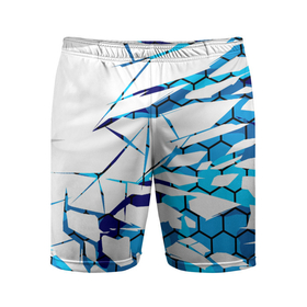 Мужские шорты спортивные с принтом 3D ВЗРЫВ ПЛИТ Белые и синие осколки ,  |  | 3d | 3д | абстракция | осколки | плиты | текстуры