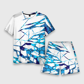 Мужской костюм с шортами 3D с принтом 3D ВЗРЫВ ПЛИТ Белые и синие осколки в Курске,  |  | 3d | 3д | абстракция | осколки | плиты | текстуры