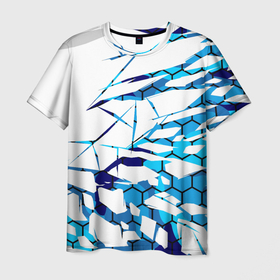 Мужская футболка 3D с принтом 3D ВЗРЫВ ПЛИТ Белые и синие осколки , 100% полиэфир | прямой крой, круглый вырез горловины, длина до линии бедер | 3d | 3д | абстракция | осколки | плиты | текстуры