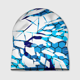 Шапка 3D с принтом 3D ВЗРЫВ ПЛИТ Белые и синие осколки в Тюмени, 100% полиэстер | универсальный размер, печать по всей поверхности изделия | 3d | 3д | абстракция | осколки | плиты | текстуры