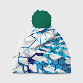 Шапка 3D c помпоном с принтом 3D ВЗРЫВ ПЛИТ Белые и синие осколки в Екатеринбурге, 100% полиэстер | универсальный размер, печать по всей поверхности изделия | 3d | 3д | абстракция | осколки | плиты | текстуры