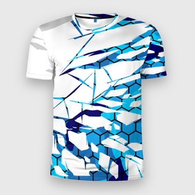 Мужская футболка 3D Slim с принтом 3D ВЗРЫВ ПЛИТ Белые и синие осколки в Санкт-Петербурге, 100% полиэстер с улучшенными характеристиками | приталенный силуэт, круглая горловина, широкие плечи, сужается к линии бедра | 3d | 3д | абстракция | осколки | плиты | текстуры