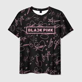 Мужская футболка 3D с принтом BLACKPINK АВТОГРАФЫ ЧЁРНЫЙ в Тюмени, 100% полиэфир | прямой крой, круглый вырез горловины, длина до линии бедер | black  pink | blackpink | ddudu ddudu | jennie | jisoo | kpop | lalisa | lisa | rose | блекпинк | группа | ддуду ддуду | дженни | джису | корейская группа | кпоп | лисы | розовый | розэ | черный