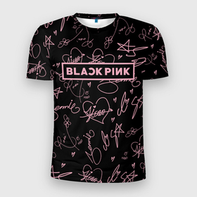 Мужская футболка 3D Slim с принтом BLACKPINK АВТОГРАФЫ ЧЁРНЫЙ в Петрозаводске, 100% полиэстер с улучшенными характеристиками | приталенный силуэт, круглая горловина, широкие плечи, сужается к линии бедра | Тематика изображения на принте: black  pink | blackpink | ddudu ddudu | jennie | jisoo | kpop | lalisa | lisa | rose | блекпинк | группа | ддуду ддуду | дженни | джису | корейская группа | кпоп | лисы | розовый | розэ | черный